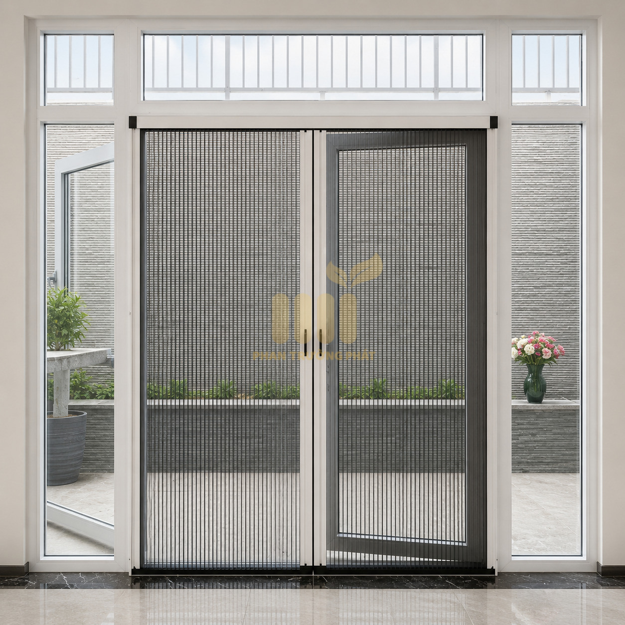 Cửa Lưới Xích Không Ray Kết Hợp Rèm Tổ Ong