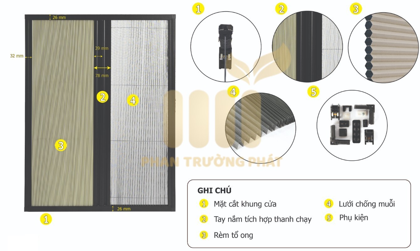 Cửa sổ có ray hệ rèm tổ ong hệ 26