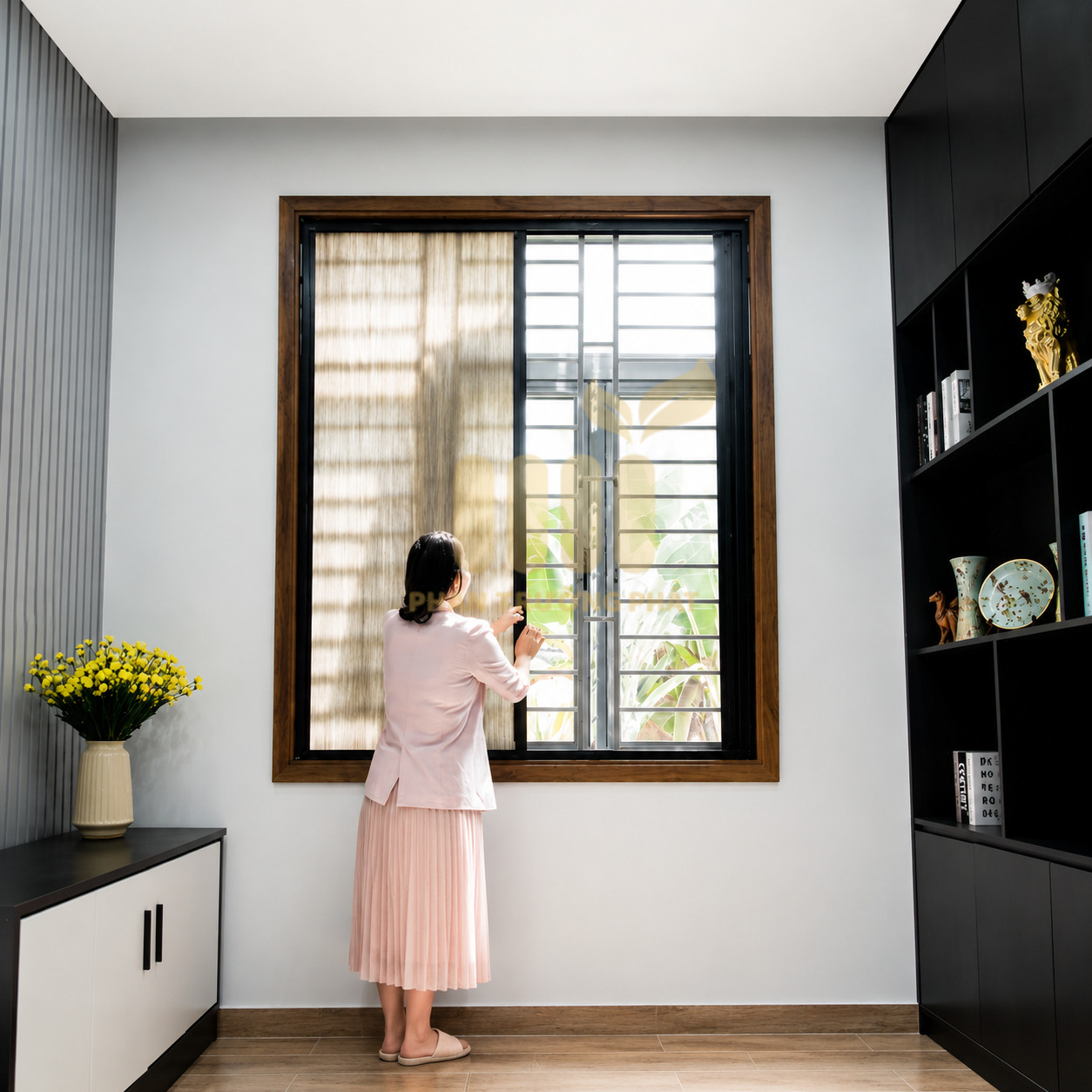 Cửa Sổ Có Ray Rèm Tổ Ong Kết Hợp Cửa Lưới Chống Muỗi Hệ 26