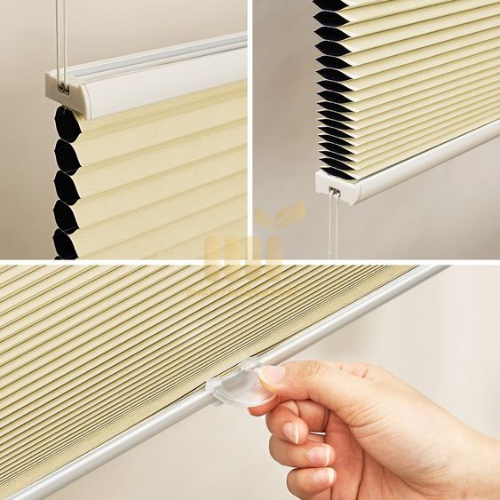 Rèm tổ ong lùa lên hệ 30 màu xám khung nhôm, kèm chú thích chi tiết các bộ phận cấu tạo